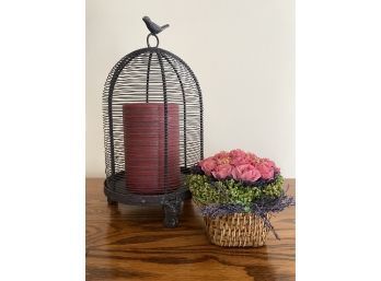 Metal Bird Cage Candle Holder With Dried Floral Accent