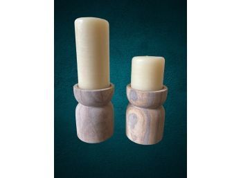 Pair Of Stone Candle Holders With Neutral Candles