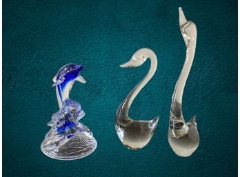 Dolphin Jumping Through Waves & Pair Of Swans Figurines