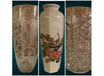 Lot Of 3 Vases, 2 Crystal, 1 Hand Painted & Signed