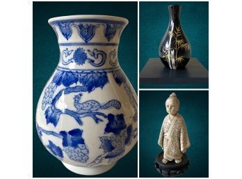 Carved Celluloid Figurine, Bamboo Vase, Blue & White Hanging Fruit/ Animal Vase