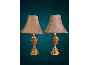 Pair Of Brass Tone And Lavender Lamps