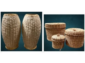 Pair Of Ceramic Woven Textured Vases And Three Seagrass Woven Nesting Baskets With Tops