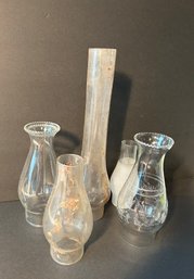 Five Glass Lamp Chimneys  - One With Eagle 7 Inch To 14 Inch