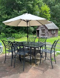 Aluminum High Top Patio Set - Glass Inset - Six Chairs And Umbrella