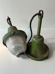 Two Industrial Hanging Lights - One Globe Missing - 18 Inches Long