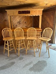 Pine 2 Part Hand Made Bar With 4 Swivel Stools - 67 In Long X 28 D X 79.5 High