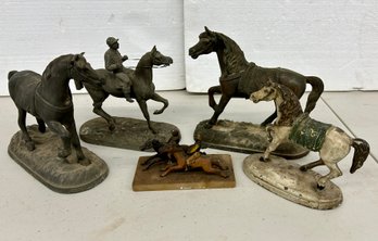 Lot Of Four Metal Horse Figures And A Small Horserace Display