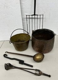 Brass And Copper Buckets With Fireplace Tools