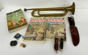 Boy Scout Lot Including Bugle - Pins - Knives - Books
