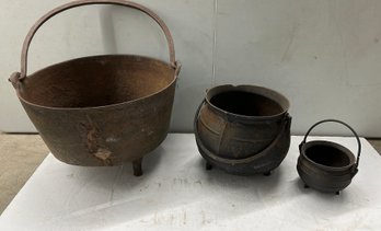 Three Early Iron Pots - Largest 19x12 - See Photos For Condition
