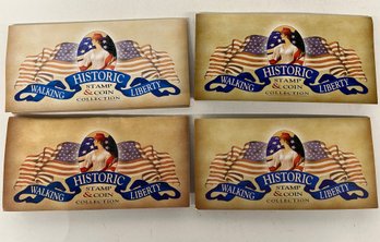 Four (4) Walking Historic Liberty Stamp And Coin Sets - One Each 1944-1945-1946-1947