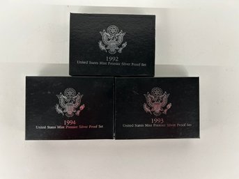 Three (3) U.S. Mint Premier Silver Proof Sets - One Each  1992 - 1993 - 1994