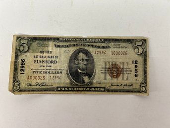 One (1) 1929 Five Dollar Bill - Elmsford New York