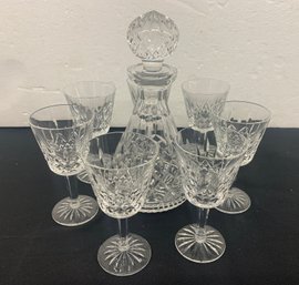 Waterford Decanter With 7 Wine Glasses - 2 Rim Chips