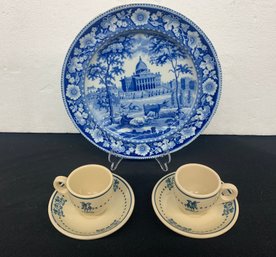 Boston Plate With Two Paul Revere Decorated Cup And Saucers