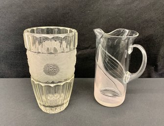 Large 10 Inch Vase With Frost Flower Decoration And A 10 Inch Cocktail Pitcher With Frost Decoration
