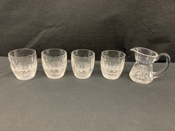 Set Of Four Waterford Whiskey Glasses And A Waterford Creamer