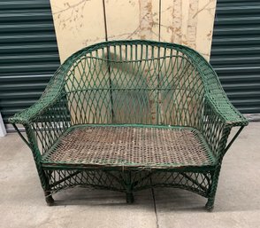 Vintage Wicker Settee In Green Paint - 4 Feet