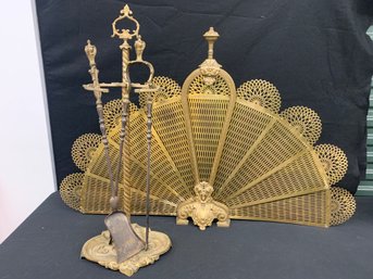 Brass Peacock Fan Fireplace Screen And Tool Set