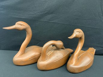 Three Wood Carved Swans - 16 Inch At Base