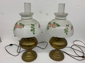 Pr Of Victorian Brass Oil Lamp Style With Decorative Glass Shades