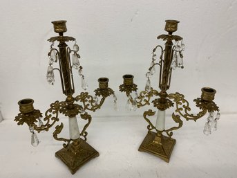 Pair Of Brass And Glass Candelabras