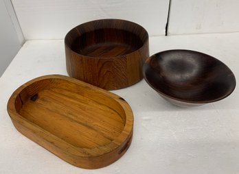 Three Pc Woodenware - Salad Bowl Marked Dansk Denmark - As Is Tray Marked Stig Johnsson Sweden
