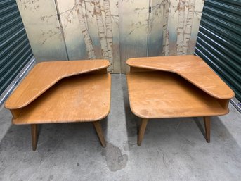 Pair Of MCM Two Tier End Tables - Heywood Wakefield - Top Surfaces Are Worn - 30x30