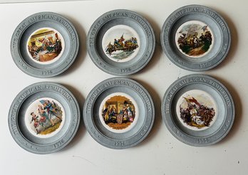 Ten Pewter Plates With Decorative Tile Inserts