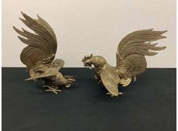 Pair Of Cast Brass Fighting Cocks