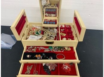 Lot Of Costume Jewelry In Cream Colored Jewelry Box