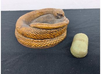 Vintage Coiled Ceramic Snake Ashtray And Snake Bite Kit - Note Chip On Side Of Snake Head.