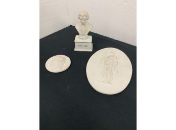 Small Beethoven Ceramic Bust And 2 Chalk Plaques