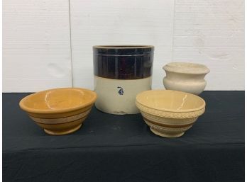 Country Lot - Crock , Urn, Bowls All As Is Condition