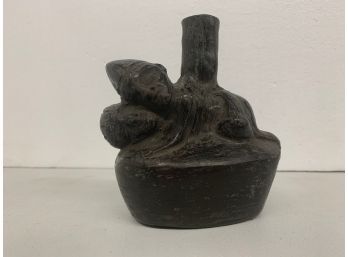 Early Black Pottery Figural Candle Holder - 5 Inches