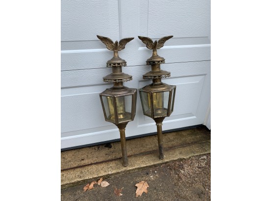 19th C Pr Of Brass Coach Light Skinned With Eagle Finials