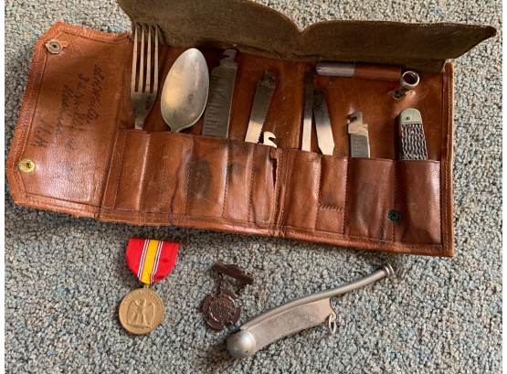 4 Pc Military Lot 2 Medals, Tool Kit, Navy Whistle