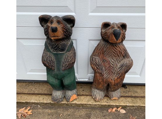 2 Wood Carved Bears 26 Inches High - C 1940