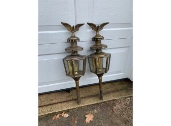 19th C Pr Of Brass Coach Light Skinned With Eagle Finials