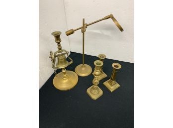 Brass Lot Including Gimbal Magnifier And Early Candlesticks