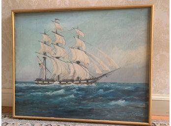 Oil On Canvas Ship Painting Signed W C Perry - 25x31
