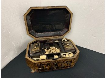 Asian Lacquered Sewing Box With Contents - As Is Condition