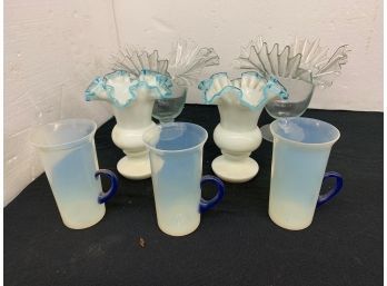 2 Pr Ruffled Edge Glass Vases And 3 Hand Made Glass Mugs