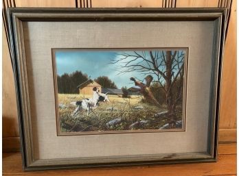Signed Lambert Watercolor - Hunting Dogs And Pheasant.   13x20 - 25x32 Framed