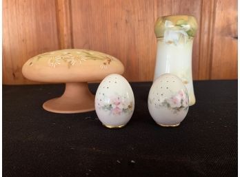2 Porcelain Hat Pin Holders And Pr Of  Salt And Pepper Shakers