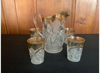 Pressed Glass Gilded Water Pitcher With Matching Glasses