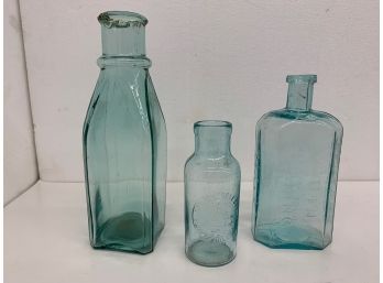 3 Early Green Glass Bottles.  One Marked Bunker Hill