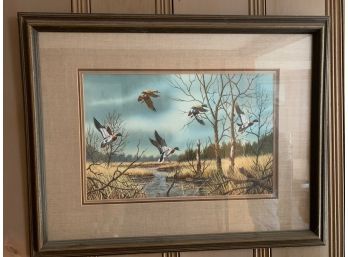 Signed Lambert Watercolor - Woodland With Ducks - 13x20  - 25x32 Framed