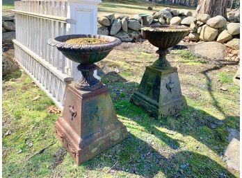 Pair Of Antique Cast Iron Urns On Base 19x34
